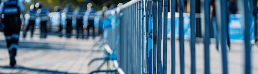 Close-up on crowd control barriers at an outdoor event, security personnel in the background,...