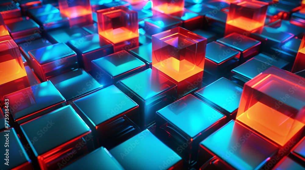 Poster neon glowing blocks a vibrant display of colorful cubes generative ai