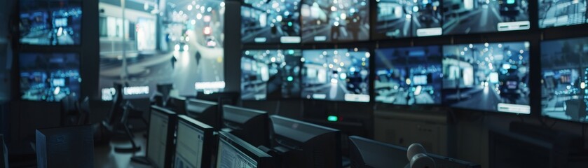 Close-up on the monitoring screens in a store's security office, overseeing all angles for complete protection