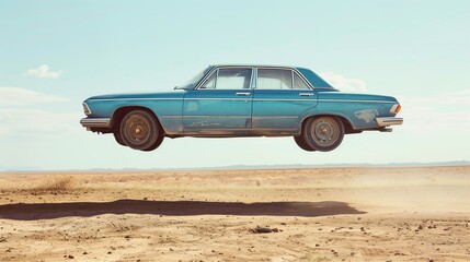 A blue car is flying through the air - obrazy, fototapety, plakaty