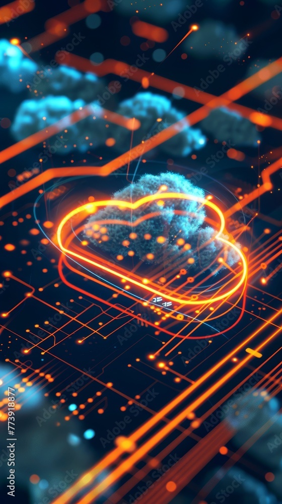 Aufkleber digital cloud symbol glowing on a screen, close-up on the icon representing cloud computing solution