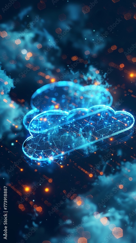 Poster close-up shot of a luminous digital cloud symbol on a screen, symbolizing cutting-edge cloud computi