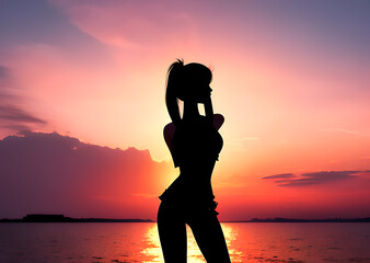 Girl against the backdrop of a red sunset,silhouette of a woman on the beach against the backdrop of a beautiful sun,Generative AI