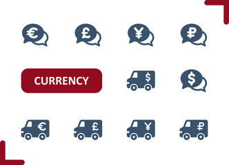 Currency Icons. Dollar, Euro, Pound, Yen, Yuan, Ruble, Chat Bubble, Armored Truck Icon