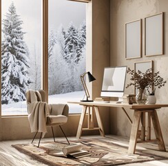 Winter's Cozy Corner A Blanket, Chair, and Desk in a Snowy Room Generative AI