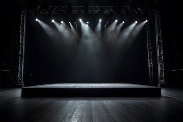 a large, empty stage with atmospheric smoke highlighted by multiple spotlights from above in a dark, moody setting.