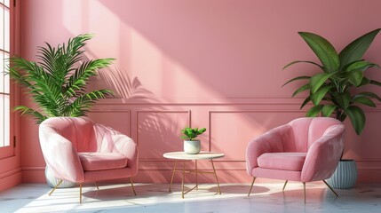 Pink Room With Two Chairs and Potted Plant