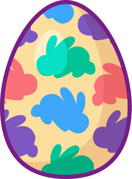 Festive Easter egg with multi colored geometric ornate. Bright minimalistic illustration for design of festive Easter banner. Cartoon vector element in thin stroke isolated on white background