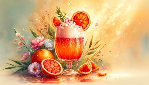 Watercolor Painting of Blood Orange Creamsicle Soda Float