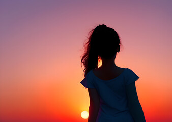 Girl against the backdrop of a red sunset,silhouette of a woman on the beach against the backdrop of a beautiful sun,Generative AI