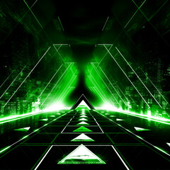 a green neon lights and glowing lines on a black background, Generative AI
