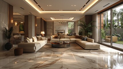 Modern interior of open space with design modular sofa, furniture, wooden coffee tables, plaid, pillows, tropical plants and elegant personal accessories in stylish home decor. Generative AI