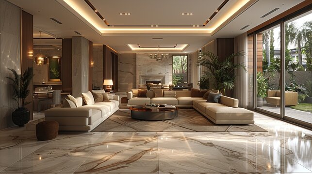 Modern interior of open space with design modular sofa, furniture, wooden coffee tables, plaid, pillows, tropical plants and elegant personal accessories in stylish home decor. Generative AI