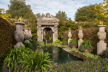 Elegant fountains and water feature known as the Arun Fountain in the Colllector Earl's Garden, Arundel Castle Gardens, West Sussex, England, UK