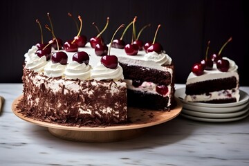 Chocolate cake with cherries, black forest cake, minimal background, chocolate shavings, wallpaper banner cake dessert shop 