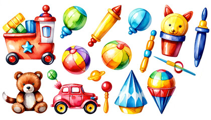 Obraz premium Watercolor Illustration of Vintage Children's Toys 