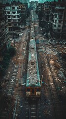 Train stopped and destroyed in a bombing raid along with the surrounding buildings. concept: destruction, war