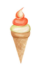 Watercolor peach and melon ice cream in a cone. Illustration of orange ice cream isolated on white background. Fruity cold dessert, sweet, yummy. Design and design of menus and packaging.