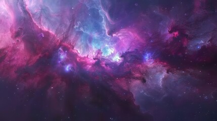 A breathtaking nebula filled with vibrant hues of pink, purple, and blue, swirling amidst a sea of...