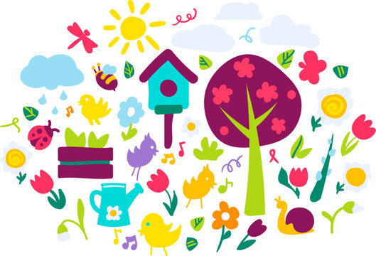 Vector Cartoon Happy Easter Set. Spring time isolated elements