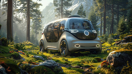 Sustainable Innovation: Sleek Electric Vehicle Seamlessly Navigates Enchanted Forest.
