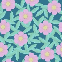 seamless pattern with simple pink flowers and green leaves on a dark background. vector graphics for fabric, background or wrapping paper