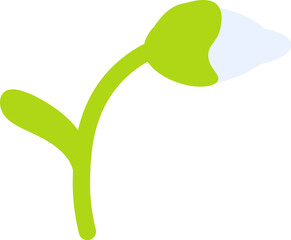 Bud and young leaves of first snowdrop. Bright childish careless illustration for design of festive spring banner. Flat hand drawn vector element isolated on white background