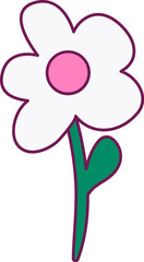 White chamomile flower on thin stem. Bright illustration for design of festive spring banner. Flat vector element in thin stroke isolated on white background