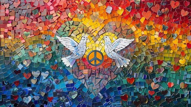 A Heart-Shaped Colorful Mosaic Made up of Iconic Peace Symbols: Olive Branches, White Doves, and the Peace Sign. Love, Harmony, and Freedom. AI Generated