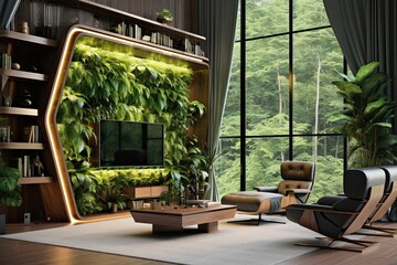 Fototapeta na wymiar Smart Home Biophilic Living Room Ideas with Vertical Gardens: A Futuristic Oasis