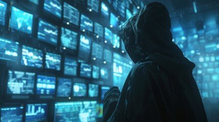 A cloaked individual in a room filled with flickering screens, tapping into government databases, their face partially revealed by the screen's blue light, betraying a focused, sinister expression.