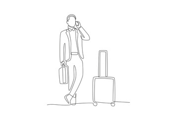 man going on a business trip contacts colleagues while relaxing.Business travel one-line drawing