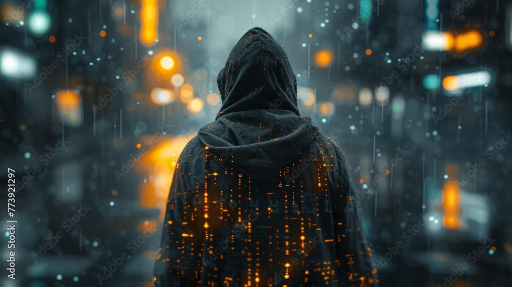 Poster a figure in a hood, their identity hidden in the depths of cyberspace, manipulates digital informati