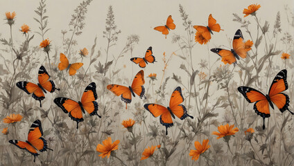 Graceful wildflowers and vibrant orange butterflies captured in delicate strokes.