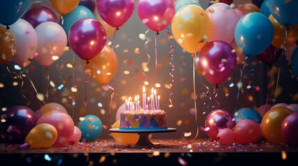 Birthday party balloons against a colorful balloon background, accompanied by a birthday cake adorned with candles.