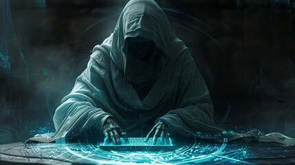 A cybercriminal, concealed by darkness and a hood, sits in front of a holographic display, fingers gliding over a virtual keyboard as they breach secure digital fortresses with ease. - obrazy, fototapety, plakaty