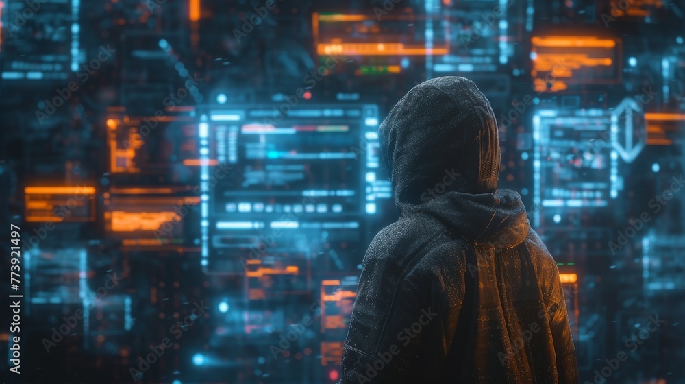 Poster a figure in a hood, their identity hidden in the depths of cyberspace, manipulates digital informati