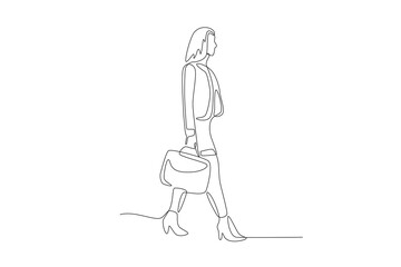 Woman going on a business trip with a sling bag.Business travel one-line drawing