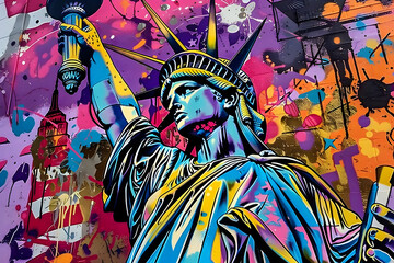 graffiti on wall with statue of liberty