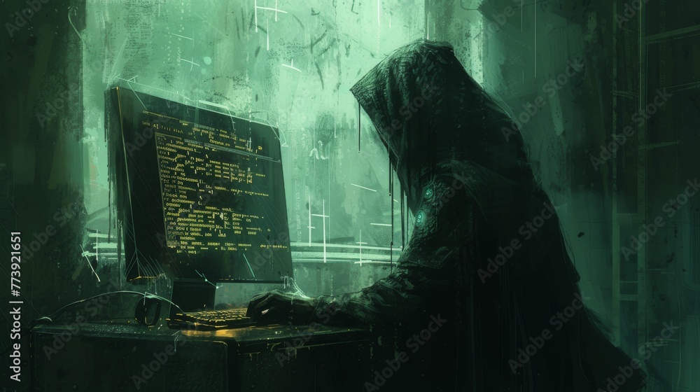 Aufkleber a mysterious individual, cloaked in a hood, stares intently at a computer screen displaying complex 
