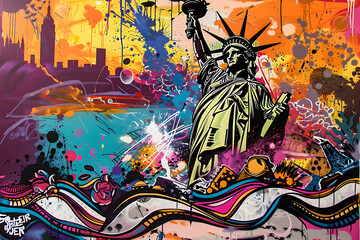 graffiti on wall with statue of liberty