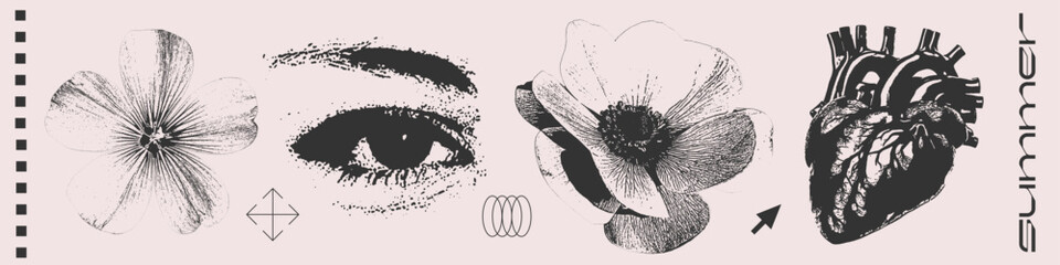Grunge photography set with female eye, human heart and summer flowers. Y2k retro halftone collage element collection pop art magazine style cutout objects. Isolated vector illustration.