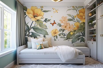 Garden-Themed Fun: Kids' Bedroom with Floral Wallpaper and Butterfly Decals - obrazy, fototapety, plakaty