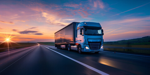 delivery cargo trucks driving in motion on highway road in country field and sunset landscape concept of lorry logistic freight transportation business - obrazy, fototapety, plakaty