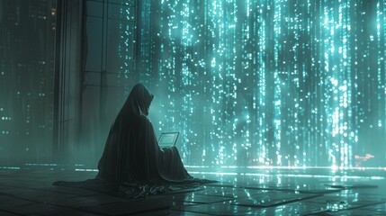 A solitary figure, cloaked in a hood, is engaged in hacking, seated in a realm of darkness. The only illumination comes from the digital data streams on their screen,