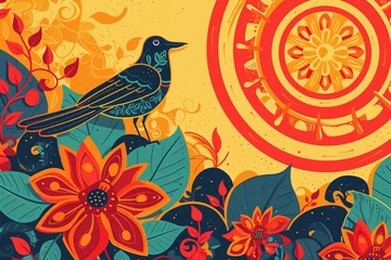 Fototapeten Sinhala New Year Erythrina Fusca Flowers with black Asian koel bird and a sun, flat illustration © AI for you