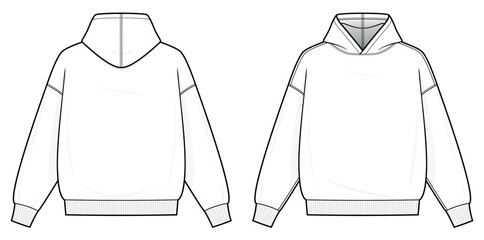 Hoodie technical fashion illustration. hoodie vector template illustration. front and back view. Regular fit. drop shoulder. unisex. white color. CAD mockup. - obrazy, fototapety, plakaty