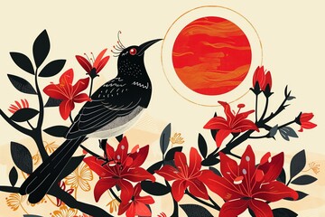 Sinhala New Year Erythrina Fusca Flowers with black Asian koel bird and a sun, flat illustration
