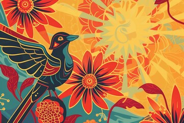 Sinhala New Year Erythrina Fusca Flowers with black Asian koel bird and a sun, flat illustration