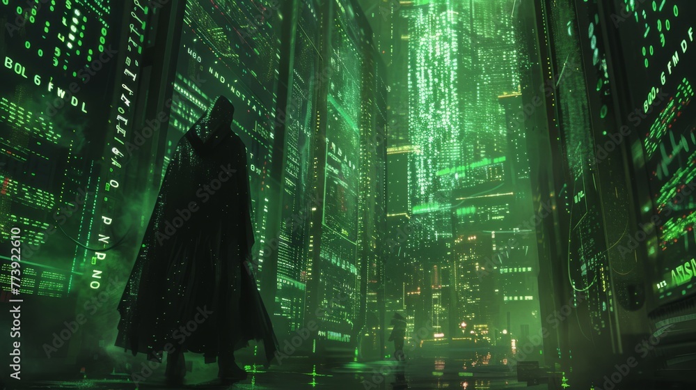 Poster amidst a labyrinth of servers and digital displays, a hooded cybercriminal hacks into classified net
